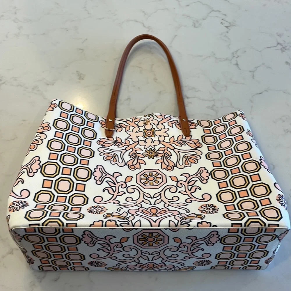 Tory Burch White, Tan & Yellow Printed Tote